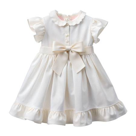 A beautiful white baby girls special occasion dress with a satin bow and lace trim, isolated on white backgroundの素材