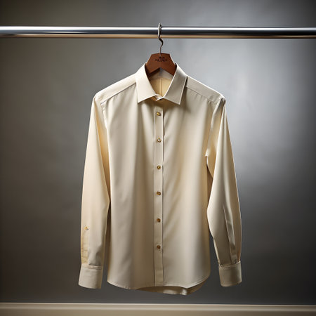 A crisp, light beige mens dress shirt with a collar and buttons, neatly hung on a wooden hanger against a neutral gray background, representing formal wear and business attireの素材