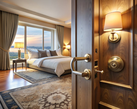 Luxurious hotel bedroom with a kingsize bed, large window overlooking a sunset view, and an open doorway revealing a hallwayの素材