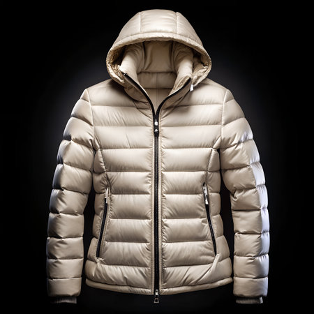 Front view of a stylish, quilted, downfilled puffer jacket with a hood, presented against a stark black background for a dramatic effectの素材