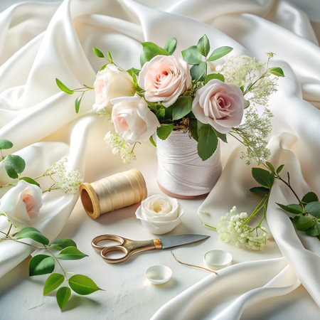 Delicate arrangement of pale pink roses and greenery in a textured vase, surrounded by flowing ivory silk fabric and vintage sewing toolsの素材