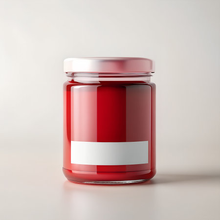 A clear glass jar filled with vibrant red jam or preserves, featuring a blank white label for customization, presented on a clean, minimalist surfaceの素材