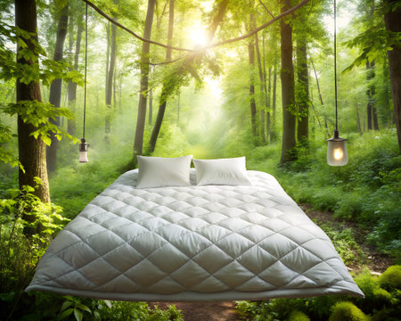 A serene and surreal scene of a bed with white linens floating in a lush, sundappled forest, creating a dreamlike atmosphere of relaxation and escape amidst natures beautyの素材