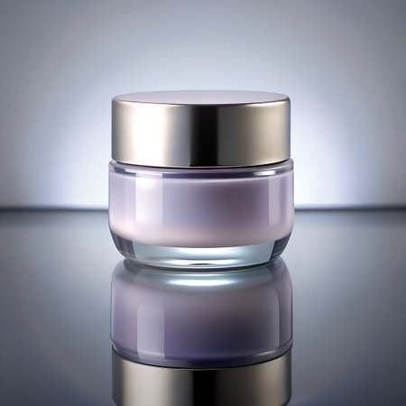 A luxurious cosmetic cream jar with a silver lid and a translucent purple cream, reflecting on a glossy surface, exuding elegance and sophisticationの素材