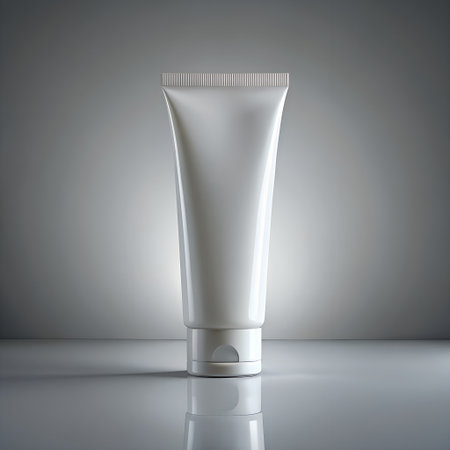 A sleek, white cosmetic tube with a ridged cap and a fliptop closure, standing upright on a reflective surface with a gradient grey background, isolated on white backgroundの素材
