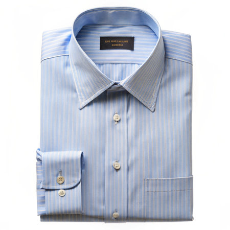 A neatly folded light blue striped dress shirt, showcasing its fine fabric, collar detail, and buttoned cuffs, perfect for fashion editorials and menswear collectionsの素材