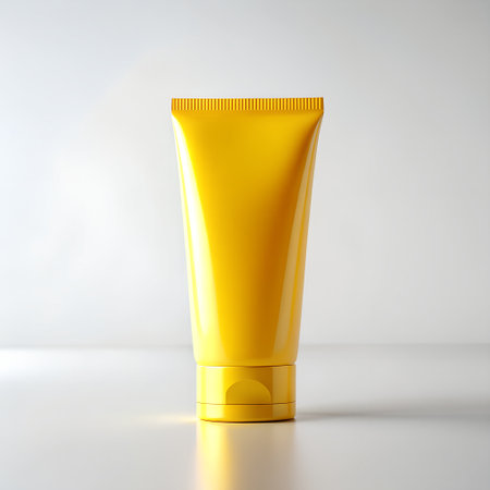 A vibrant yellow cosmetic tube with a textured ridged cap and a fliptop closure, presented upright on a clean white surface with a soft, bright background, isolated on white backgroundの素材