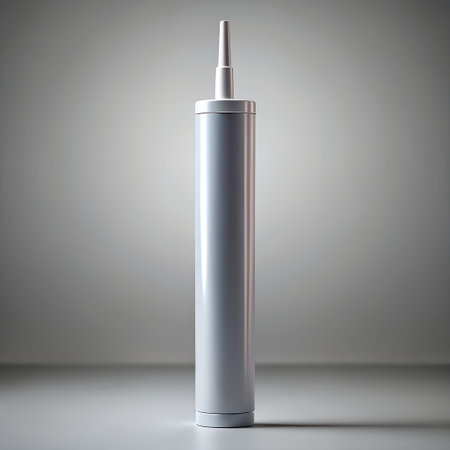 A clean, white tube of sealant or adhesive, standing upright against a neutral gray background, suitable for construction and diy projectsの素材