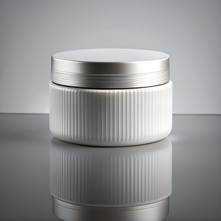 A sleek, modern white cosmetic jar with a ribbed texture and a brushed silver metallic lid, presented on a reflective surface with a soft gray backgroundの素材