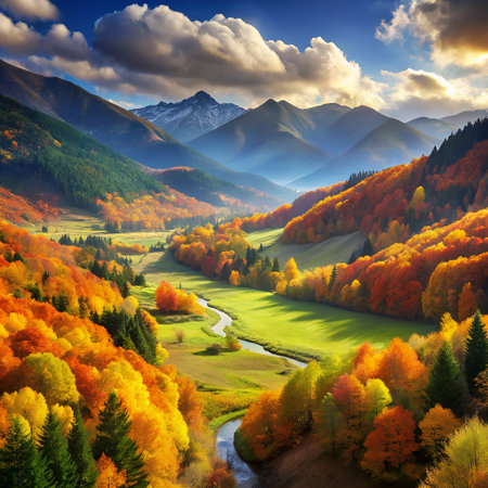 Vibrant autumn valley with a winding river and colorful trees under a dramatic sky with cloudsの素材