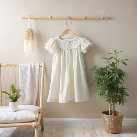 A charming ivory baby girls dress with puffed sleeves and delicate embroidery, hanging on a wooden peg, styled with a woven basket and a potted plantの素材