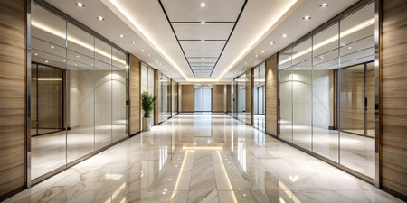Luxurious and modern office building lobby or corridor with polished marble floors, glass walls, and elegant lighting, creating a sophisticated business environmentの素材