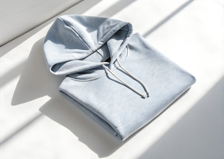 A light blue hooded sweatshirt folded neatly on a white surface with natural light casting shadowsの素材