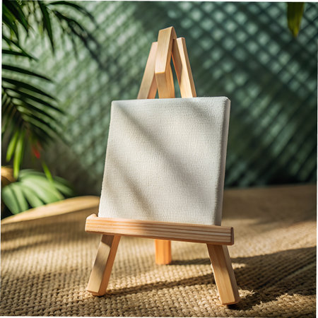 A small blank canvas sits on a wooden easel, bathed in soft sunlight, with lush green leaves in the background, creating an artistic and serene atmosphereの素材
