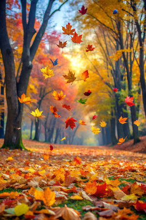 A beautiful pathway through a forest in autumn, with colorful maple leaves falling from the trees and covering the groundの素材