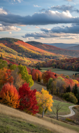 Expansive rolling hills painted with the fiery colors of autumn foliage, a winding path leading through the valley under a dramatic cloudy sky at sunsetの素材