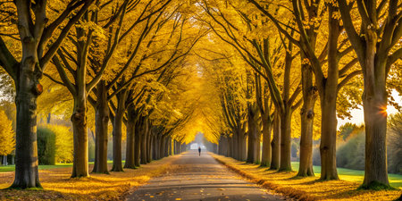 A picturesque treelined avenue bathed in the warm, golden light of autumn, with fallen leaves carpeting the ground and a lone figure walking in the distanceの素材