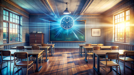 An old, atmospheric classroom with desks, chairs, and a blackboard featuring a glowing clock, bathed in dramatic sunlight beamsの素材