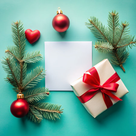 Festive christmas flat lay with fir branches, red ornaments, a heart, a gift box, and a blank white card for text on a teal background, creating a holiday greeting or invitationの素材