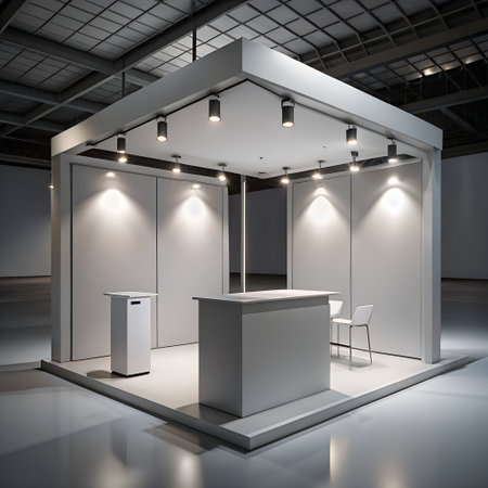 A modern, empty trade show booth with a reception desk and chairs, ready for an exhibitionの素材