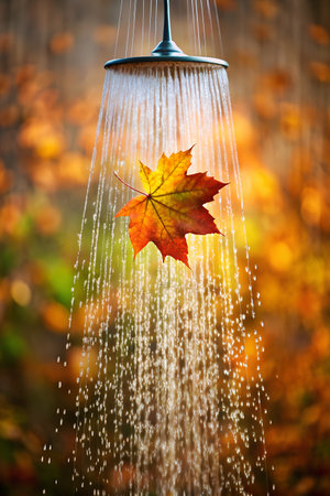 A bright orange and yellow maple leaf is caught in a refreshing shower of water from a showerhead, set against a blurred autumn backdropの素材