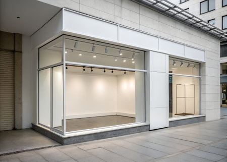 Empty retail store with large glass windows and modern facade, ready for new business or exhibition spaceの素材