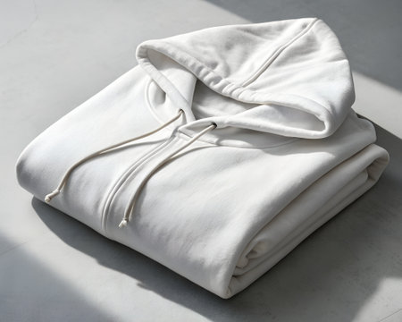 A neatly folded white hoodie lies on a textured surface, with soft light and shadow highlighting its plush fabric and classic designの素材