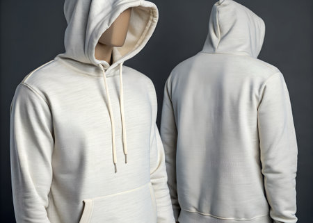 Front and back view of a creamcolored hooded sweatshirt displayed on a mannequin against a dark gray background, showcasing its texture and design detailsの素材