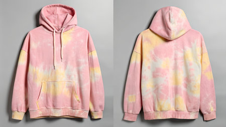 Front and back view of a pink and yellow tiedye hoodie with a front pocket and drawstring hoodの素材