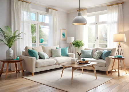 Bright and airy living room interior with comfortable sofas, decorative pillows, and natural light streaming through large windowsの素材