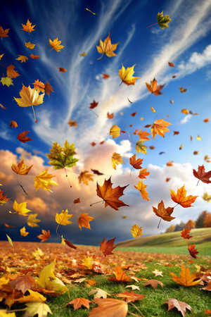 A vibrant display of colorful autumn leaves caught in a gust of wind, swirling against a dramatic sky with clouds, symbolizing the fleeting beauty of the seasonの素材