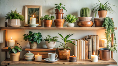 Cozy shelf display with various potted plants, books, and lit candles, creating a warm and inviting atmosphere with a rustic, natural feelの素材