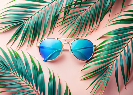 Stylish blue mirrored sunglasses resting on a soft pink surface, surrounded by vibrant green palm leaves, evoking a tropical summer vacation vibeの素材