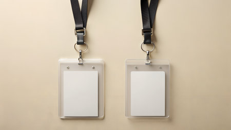 Two blank identification cards with lanyards hanging against a plain background, ready for customization or use in a corporate event or conference settingの素材