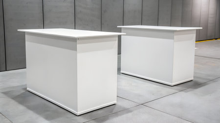 Two identical white display stands or exhibition counters arranged in a modern exhibition hall with concrete walls and floor, ready for product presentationの素材