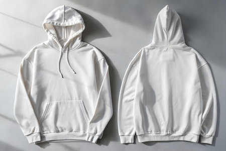 Front and back view of a white hooded sweatshirt with a front pocket and drawstring, isolated on white backgroundの素材