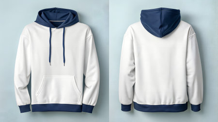 Blank white hoodie mockup on blue background, front and back viewの素材
