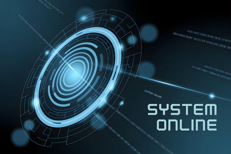 Abstract futuristic digital interface with glowing blue concentric circles and lines, representing a system online and advanced technology on a dark backgroundの素材