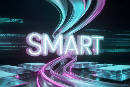 The word smart illuminated with neon lights, surrounded by flowing ribbons of light and futuristic digital structures, symbolizing intelligence and connectivityの素材