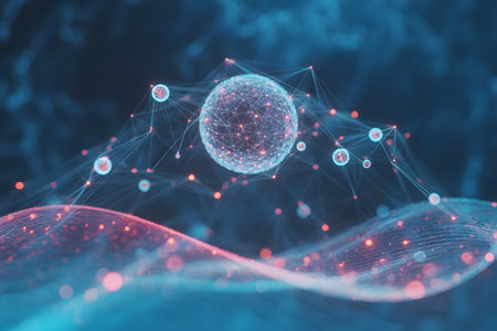 Abstract representation of a molecular structure or network with glowing particles and interconnected nodes, symbolizing science and connectionの素材