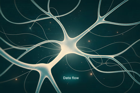 Closeup view of a biological neuron with dendrites and axon, glowing with light and energy, symbolizing thought, consciousness, and neural networksの素材