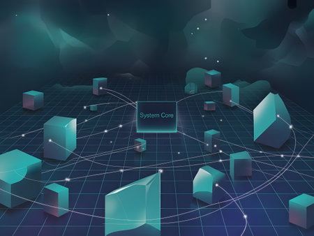 Abstract 3d geometric shapes connected by lines and dots on a dark grid, symbolizing network, data, and blockchain technology in a futuristic digital spaceの素材