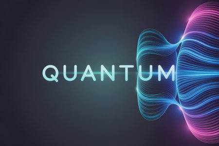 Abstract glowing quantum wave with the word quantum in the center, representing futuristic technology and scientific innovation in a dark, digital spaceの素材