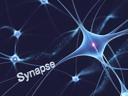Closeup of a human neuron synapse with glowing blue nerve cells and dendrites, illustrating brain activity and neural connectionの素材