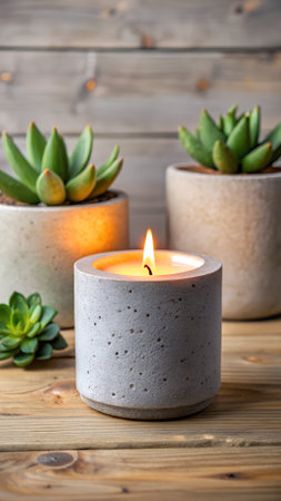 A lit candle in a concrete pot with succulents in the background, set against a rustic wooden surface and wall, creating a cozy and natural ambianceの素材