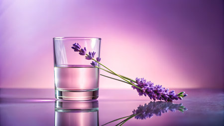 A single sprig of lavender rests against a clear glass filled with clear liquid, set against a soft purple background with reflectionsの素材