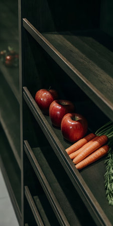 Fresh red apples, vibrant carrots, and green herbs arranged neatly on dark wooden shelves in a modern pantry, showcasing healthy and natural ingredientsの素材