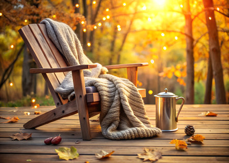Relaxing autumn scene with a wooden adirondack chair draped with a cozy blanket on a deck, surrounded by fall foliage and warm sunlightの素材