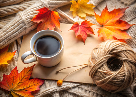 Cozy autumn morning with a cup of hot coffee, surrounded by colorful fall maple leaves and a ball of twine on a textured knitted blanketの素材