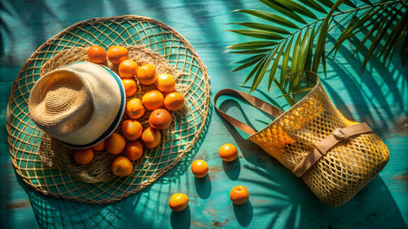 Overhead view of a straw hat filled with fresh tangerines on a woven mat, with a woven bag and palm leaf casting shadows, evoking a summer market feelの素材